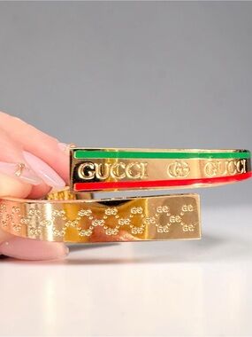 Stainless Steel Gold Plated Open Cuff Bracelet | Green & Red Stripe Logo Accent-